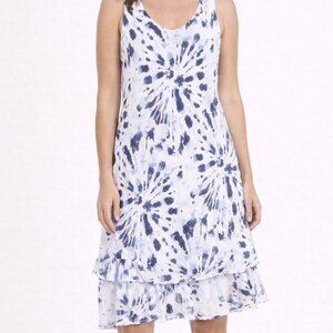 TEMPO PARIS Italian Tiered Tank Dress Cotton Blend White Indigo Tie Dye Medium